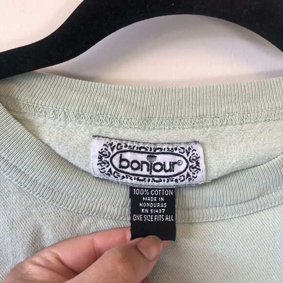Vintage 90s Bon Jour Paris Crewneck Sweatshirt Cropped Light Green Oversized M/L - Picture 7 of 8